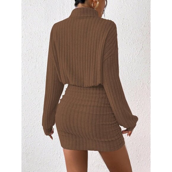 Women Ribbed Knit Sweater Brown Dress Lantern Sleeve Turtleneck Mini Bodycon - Picture 3 of 5